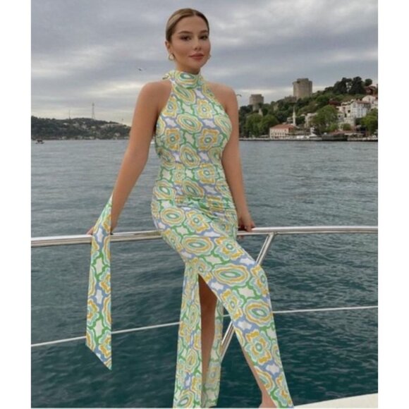 NWT ZARA Geometric Print Halter Maxi Dress Open Back Retro Green Yellow Small - Picture 2 of 16